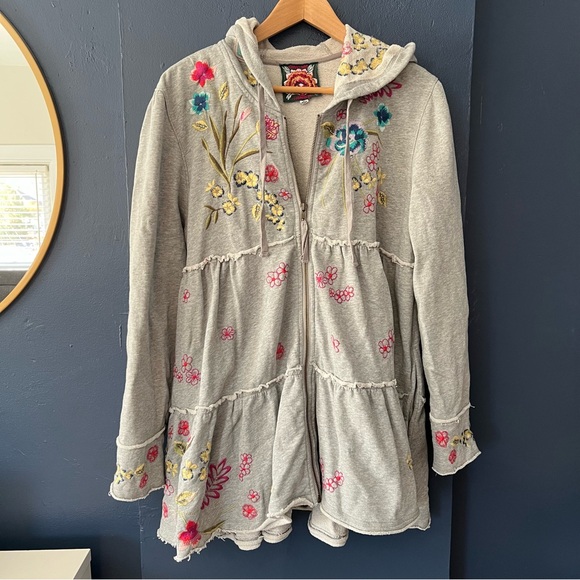 Johnny Was Light Gray Hoodie with Floral Embroidery - Picture 1 of 11